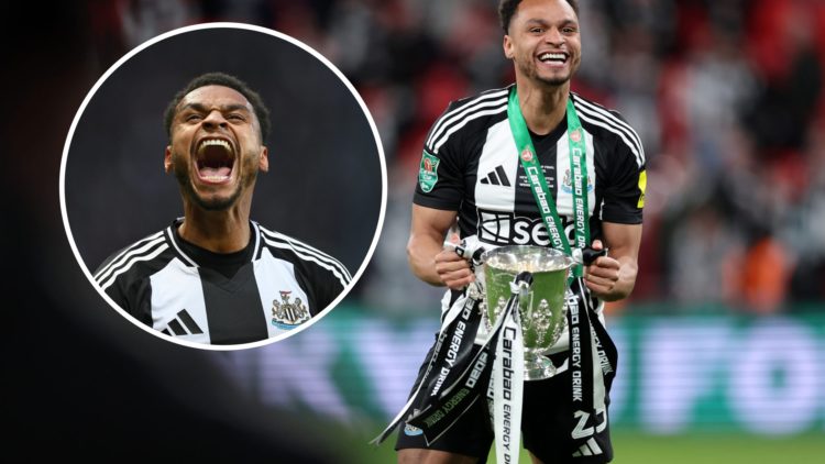Jacob Murphy lifts the Carabao Cup for Newcastle United. Jacob Murphy celebrates scoring a goal.