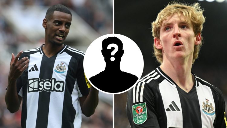 Alexander Isak playing for Newcastle United. Anthony Gordon playing for Newcastle United. Inset, mystery player.