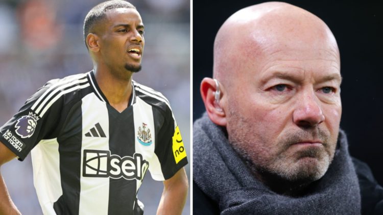 Alexander Isak playing for Newcastle United against Chelsea. Alan Shearer speaking as a pundit.