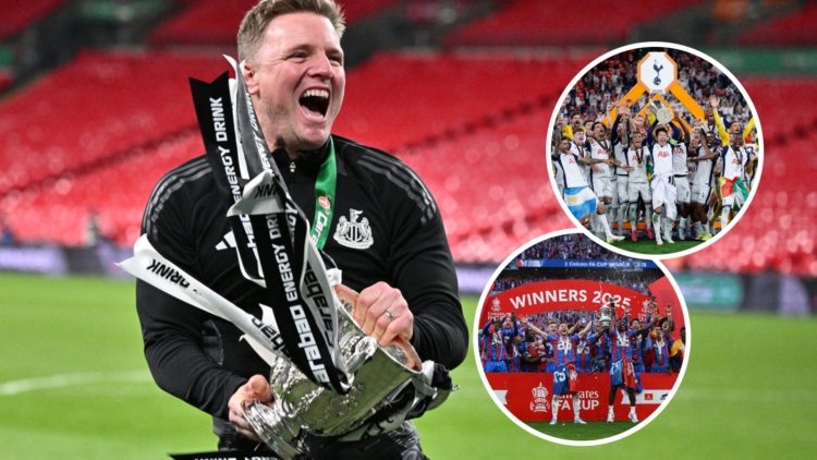 Eddie Howe, the manager of Newcastle United F.C. celebrates with the trophy after wining the Carabao. Inset: Crystal Palace lifting the FA Cup and ...