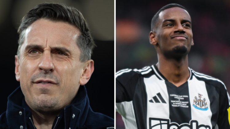 Gary Neville speaking as a pundit. Alexander Isak celebrating scoring a goal for Newcastle United.