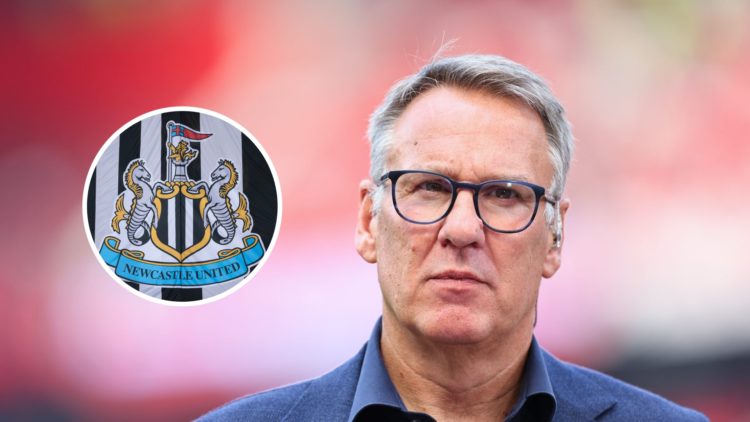 Paul Merson doing punditry at the Emirates Stadium, Newcastle United badge