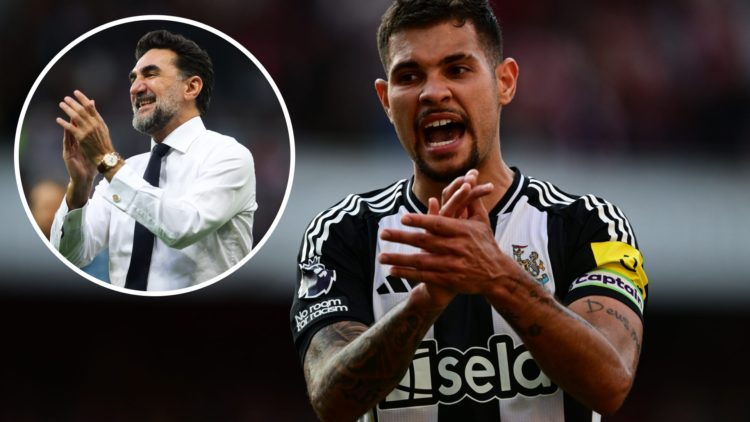 Bruno Guimaraes playing for Newcastle United against Arsenal. Inset, Yasir Al-Rumayyan claps towards Newcastle United fans.
