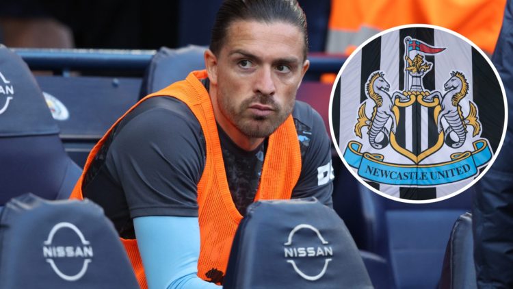 Jack Grealish on the bench for Manchester City. Inset, view of the Newcastle United badge on a flag.