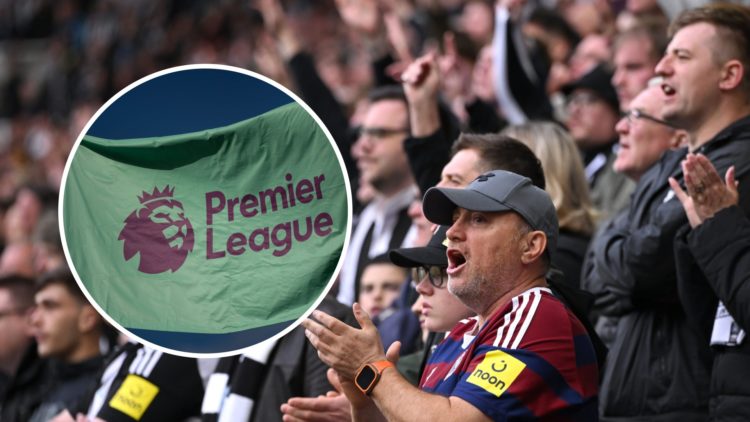 Newcastle United fans applaud the players, flag of the Premier League logo