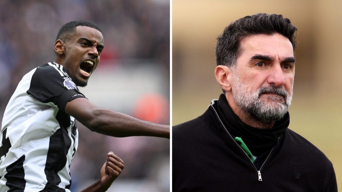 Alexander Isak playing for Newcastle United. Yasir Al-Rumayyan is pictured at a golf event.