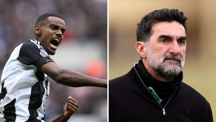 Alexander Isak playing for Newcastle United. Yasir Al-Rumayyan is pictured at a golf event.