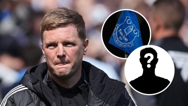 Newcastle United manager Eddie Howe looks on, Everton badge on a flag, mystery player