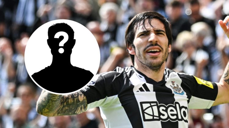 Sandro Tonali celebrates scoring for Newcastle United, mystery player