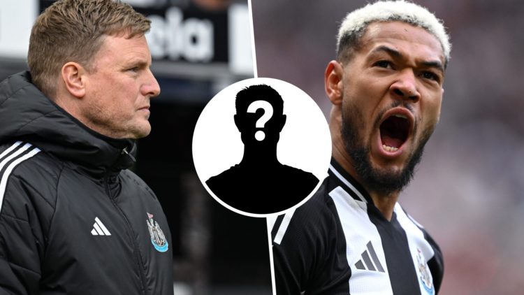 Eddie Howe before a Newcastle United game. Joelinton celebrates a Newcastle United goal.