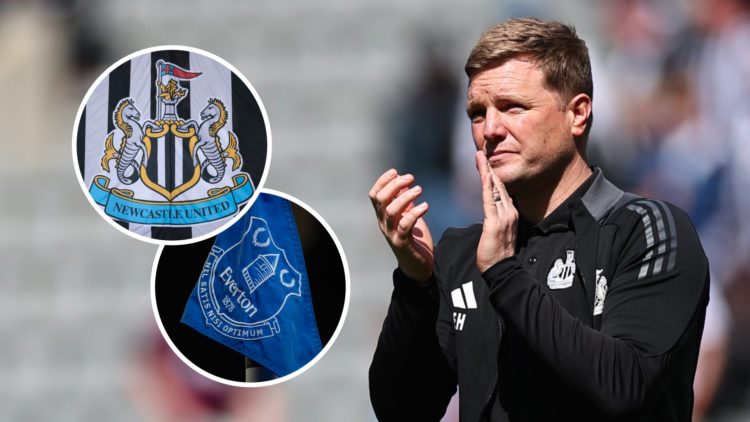 Eddie Howe applauds the Newcastle United fans, Newcastle United badge on a flag, Everton badge on a corner flag
