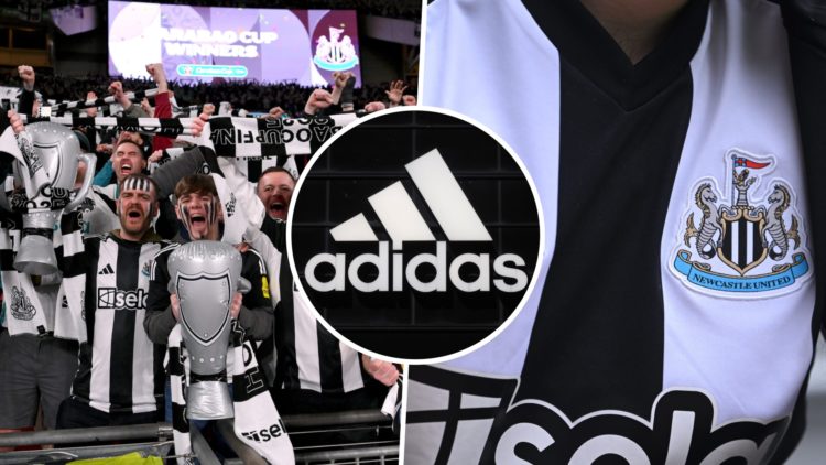 Newcastle United fans celebrate at Wembley, 2024/25 Newcastle United home shirt, general image of Adidas logo