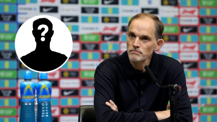England manager Thomas Tuchel looks on during a press conference. Inset, mystery player.