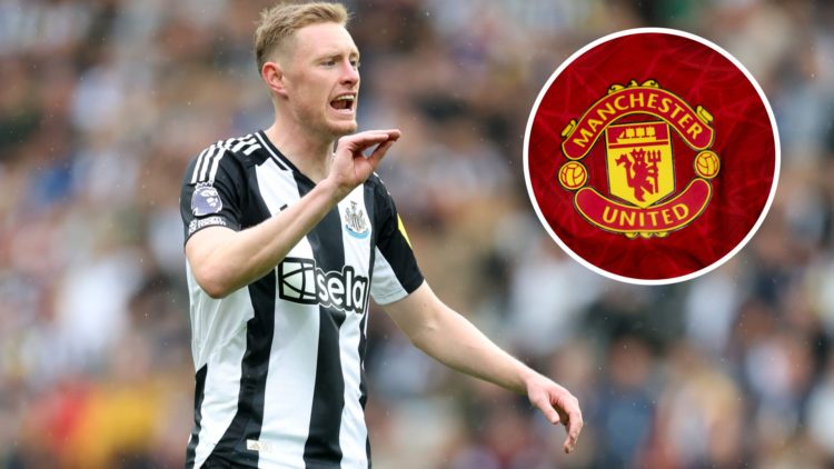 Sean Longstaff playing for Newcastle United. Inset, detailed view of the Manchester United badge.