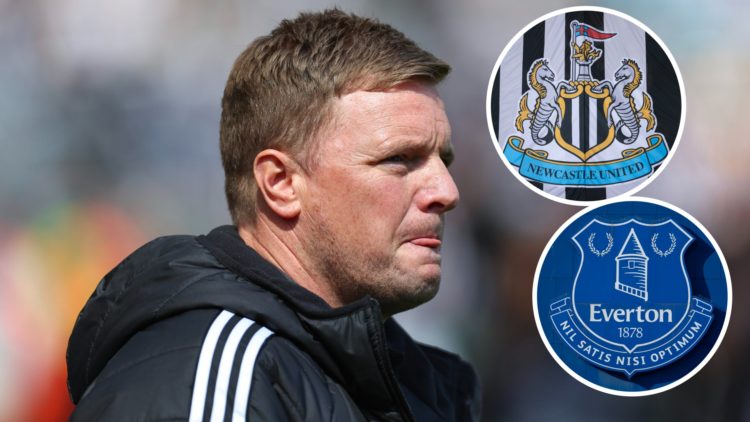 Eddie Howe before Newcastle United vs Chelsea. Inset 1, detailed view of the Newcastle United badge. Inset 2, a detailed view of the Everton FC clu...