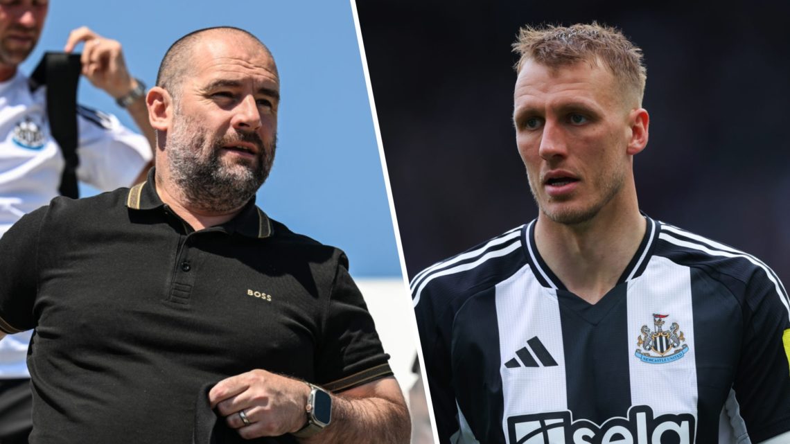 Newcastle United sporting director Paul Mitchell exits a plane, Dan Burn playing for Newcastle United