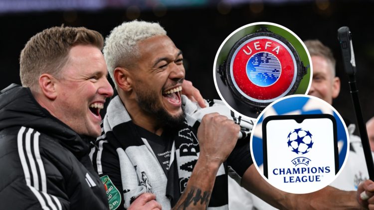 Eddie Howe and Joelinton after winning the Carabao Cup, Champions League logo, UEFA logo