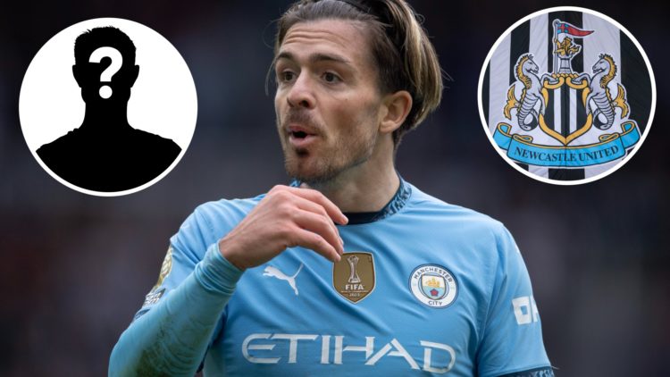 Inset 1, mystery player. Jack Grealish playing for Man City against Newcastle. Inset 2, detailed view of the Newcastle United club crest.