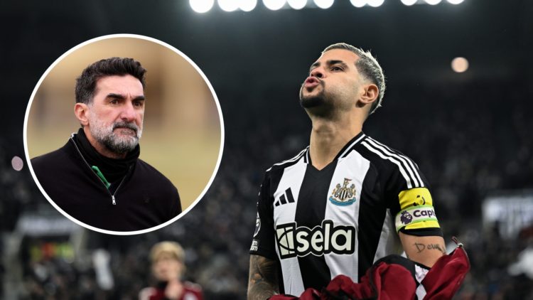 Inset, Newcastle United chairman Yasir Al-Rumayyan is seen at a golf event. Bruno Guimaraes after warming up for Newcastle United.