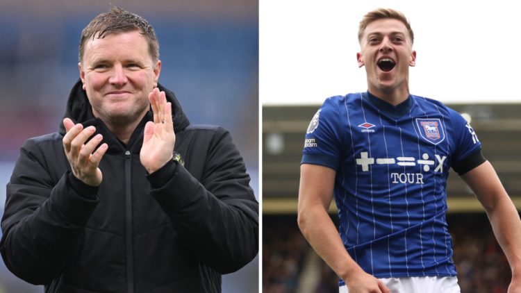 Eddie Howe claps towards Newcastle United fans. Liam Delap celebrates scoring for Ipswich.