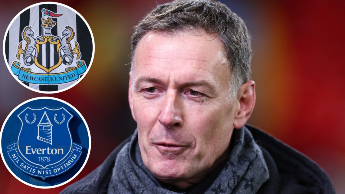 Chris Sutton is seen before Liverpool vs Real Madrid. Inset 1, the Newcastle United badge. Inset 2, the Everton club crest.