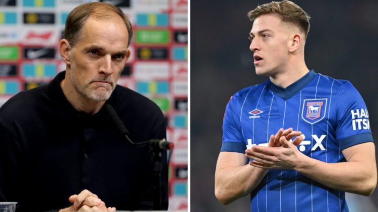Thomas Tuchel speaks during an England press conference. Liam Delap playing for Ipswich.