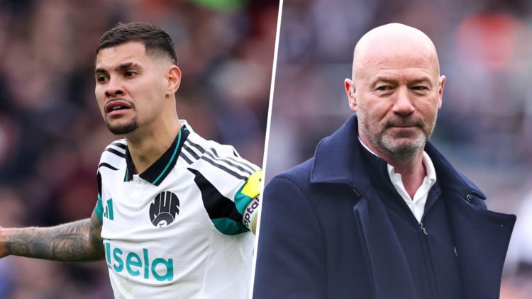 Bruno Guimaraes playing for Newcastle United against Aston Villa, Alan Shearer doing punditry