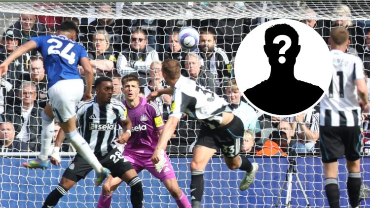 Carlos Alcaraz scores for Everton against Newcastle United. Inset: Mysrery figure.