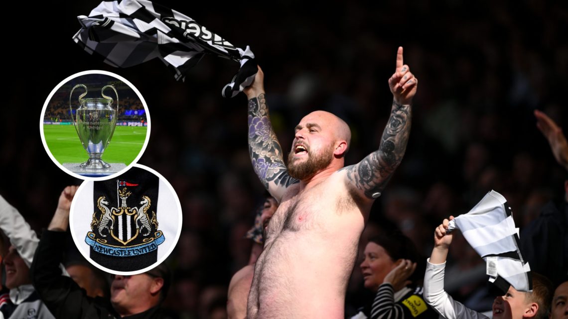 Fans of Newcastle United celebrate during the Premier League match between Newcastle United FC and Everton FC at St James' Park. Inset the Champion...