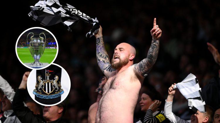 Fans of Newcastle United celebrate during the Premier League match between Newcastle United FC and Everton FC at St James' Park. Inset the Champion...