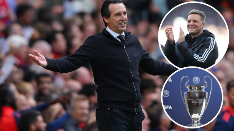 Unai Emery reacts during Manchester United vs Aston Villa. Inset 1, Eddie Howe claps towards Newcastle United fans. Inset 2, a general view of the ...