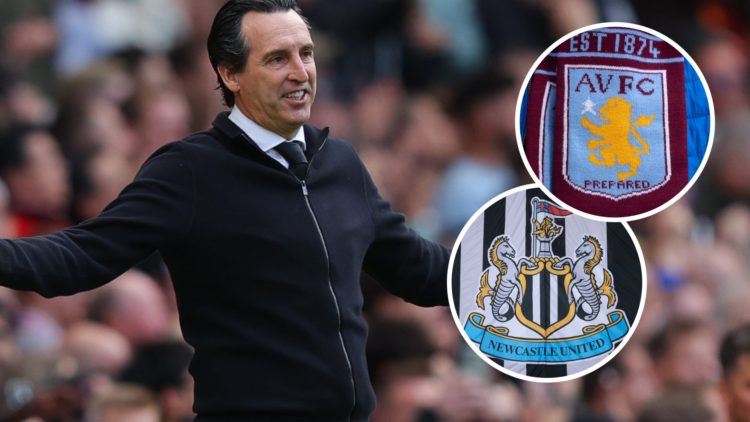 Unai Emery, manager of Aston Villa, argues with referee Thomas Bramall during the Premier League match between Manchester United FC and Aston Villa...