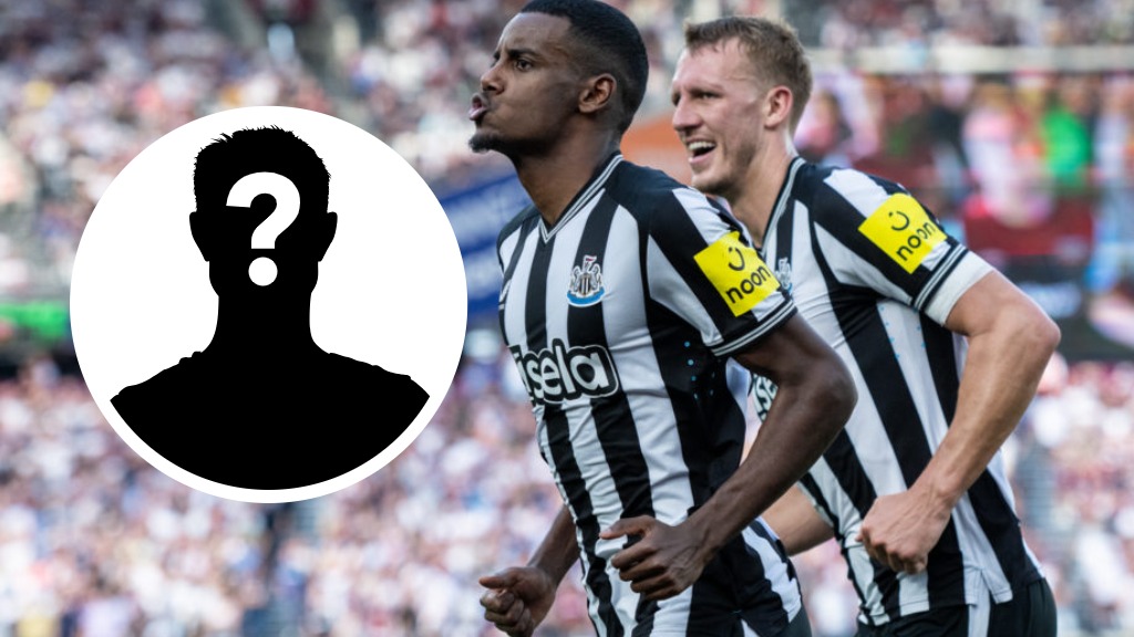 Alexander Isak and Dan Burn wheel away in celebration wearing Newcastle United shirts. Inset: Mystery figure.