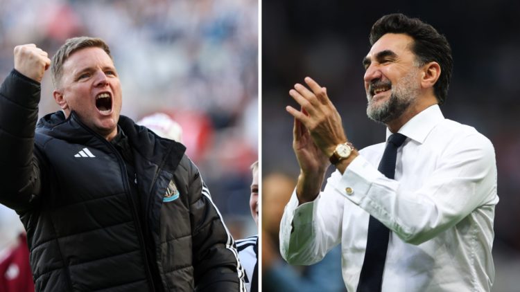 Eddie Howe celebrates after Newcastle United qualify for the Champions League. Yasir Al-Rumayyan claps towards Newcastle United fans.
