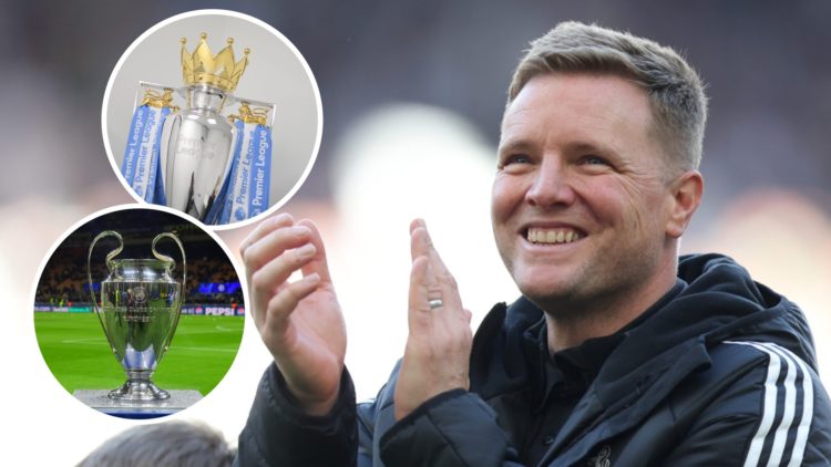 Eddie Howe smiling and applauding fans after Newcastle United secure Champions League trophy. Insets: Champions League and Premier League trophy.