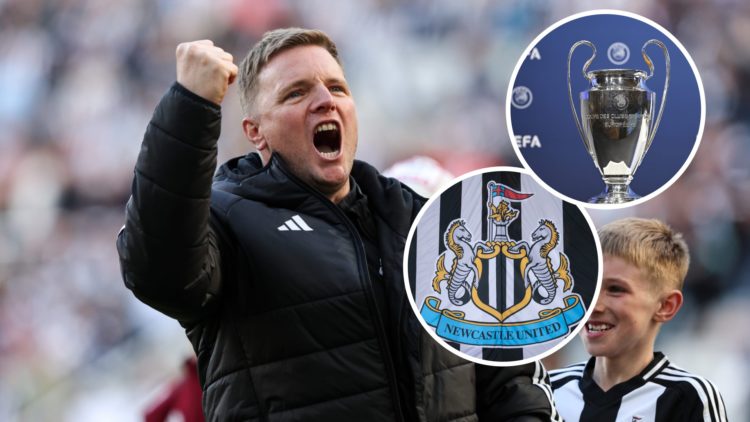 Newcastle United manager Eddie Howe celebrates gaining a Champions League place after the Premier League match between Newcastle United FC and Ever...