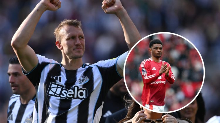 Newcastle United defender Dan Burn lifts his fists over his head in celebration. Inset: Man Utd's Amad Diallo applauds supporters.