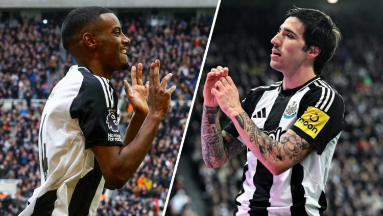 Split image: Alexander Isak celebrates his goal against Nottingham Forest (L). Sandro Tonali celebrates his goal against Brentford (R).