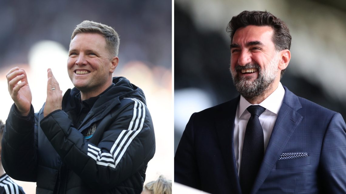 Eddie Howe claps towards Newcastle United fans. Club chairman Yasir Al-Rumayyan is seen at the Newcastle United stadium.