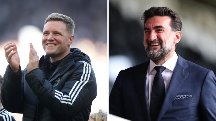 Eddie Howe claps towards Newcastle United fans. Club chairman Yasir Al-Rumayyan is seen at the Newcastle United stadium.