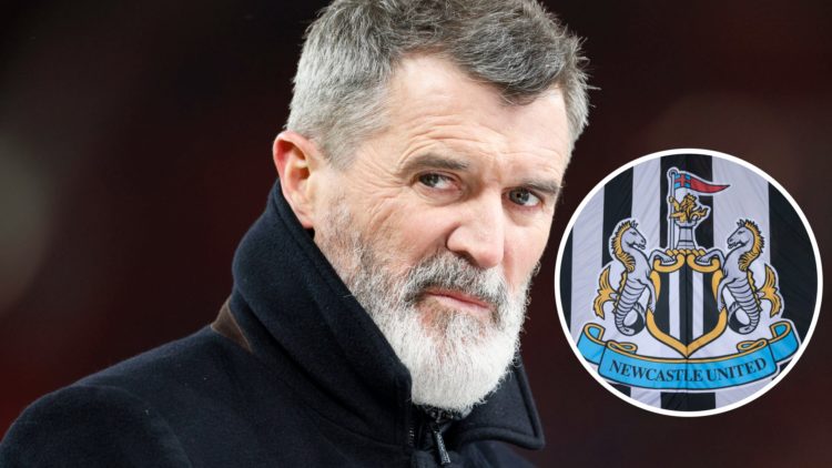 Pundit Roy Keane is seen before Manchester United vs Leicester. Inset, a general view of the Newcastle United badge.