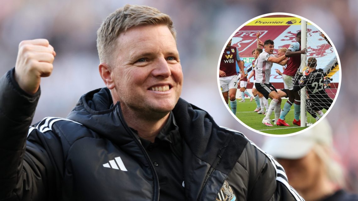 Newcastle United manager Eddie Howe smiles and pumps his fist after Champions League qualification. Inset: Sheffield United score against Aston Vil...