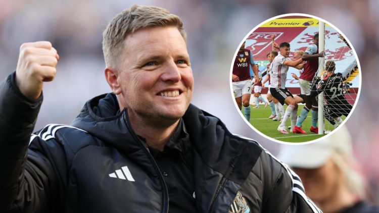 Newcastle United manager Eddie Howe smiles and pumps his fist after Champions League qualification. Inset: Sheffield United score against Aston Vil...