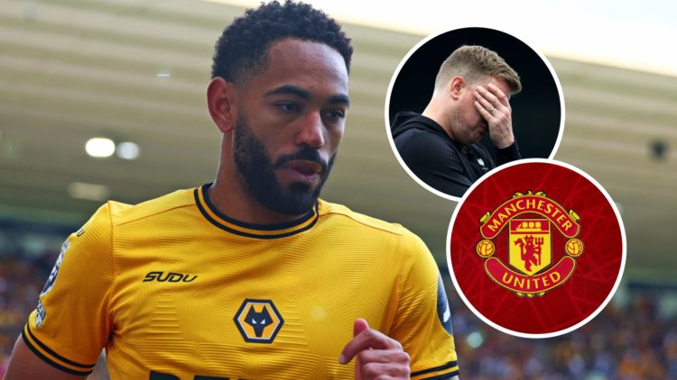 Close up of Matheus Cunha in action for Wolves. Insets: Eddie Howe holds his hands to his face. The Manchester Untied badge.