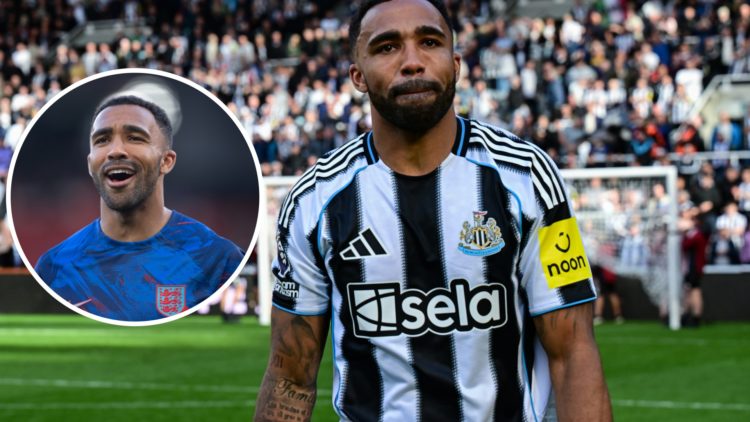 Inset, Callum Wilson warming up for England. Callum Wilson looks emotional for Newcastle United.