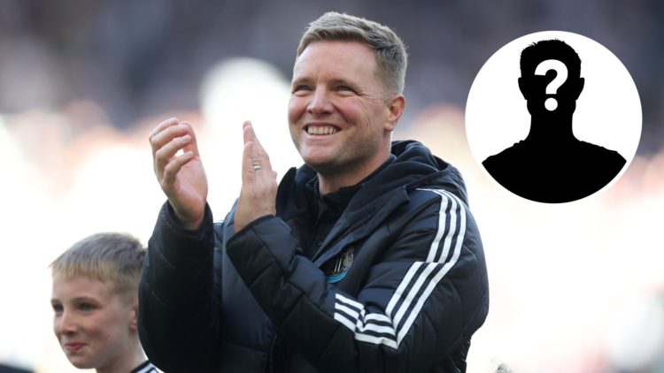 Eddie Howe claps towards the Newcastle United fans. Inset, mystery player graphic.