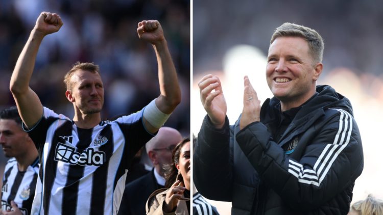 Dan Burn celebrating after Newcastle United qualify for the Champions League. Eddie Howe claps towards Newcastle United fans.