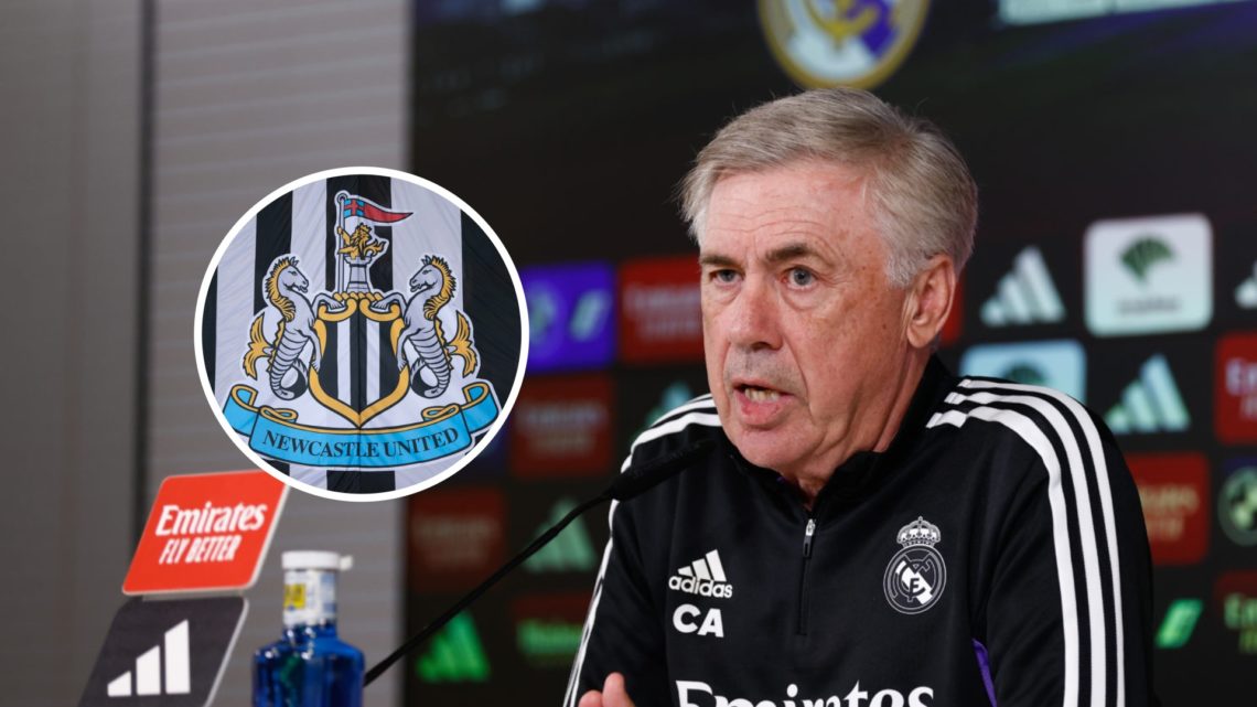 Carlo Ancelotti speaking to the media during his time as Real Madrid manager, Newcastle United badge on a flag