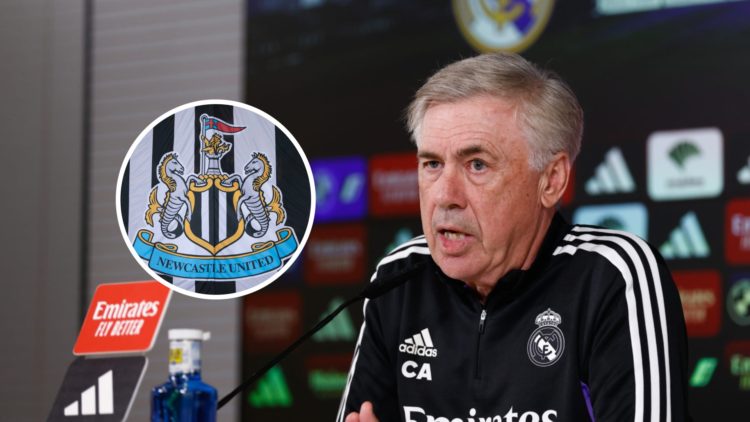 Carlo Ancelotti speaking to the media during his time as Real Madrid manager, Newcastle United badge on a flag