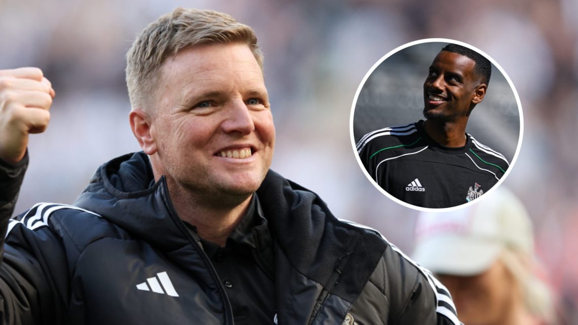 Newcastle United manager Eddie Howe celebrates gaining a Champions League place after the Premier League match between Newcastle United FC and Ever...